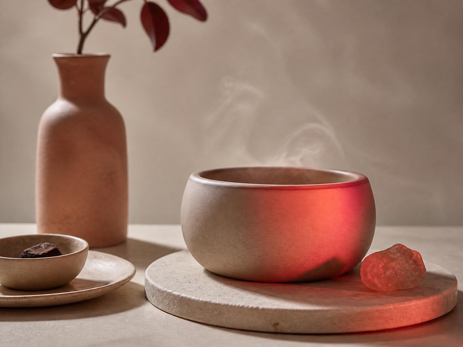Warm red light on a ceramic vessel — an editorial still life.